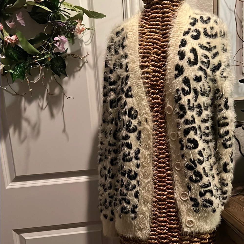 Leopard Print Fuzzy Cardigan Sweater